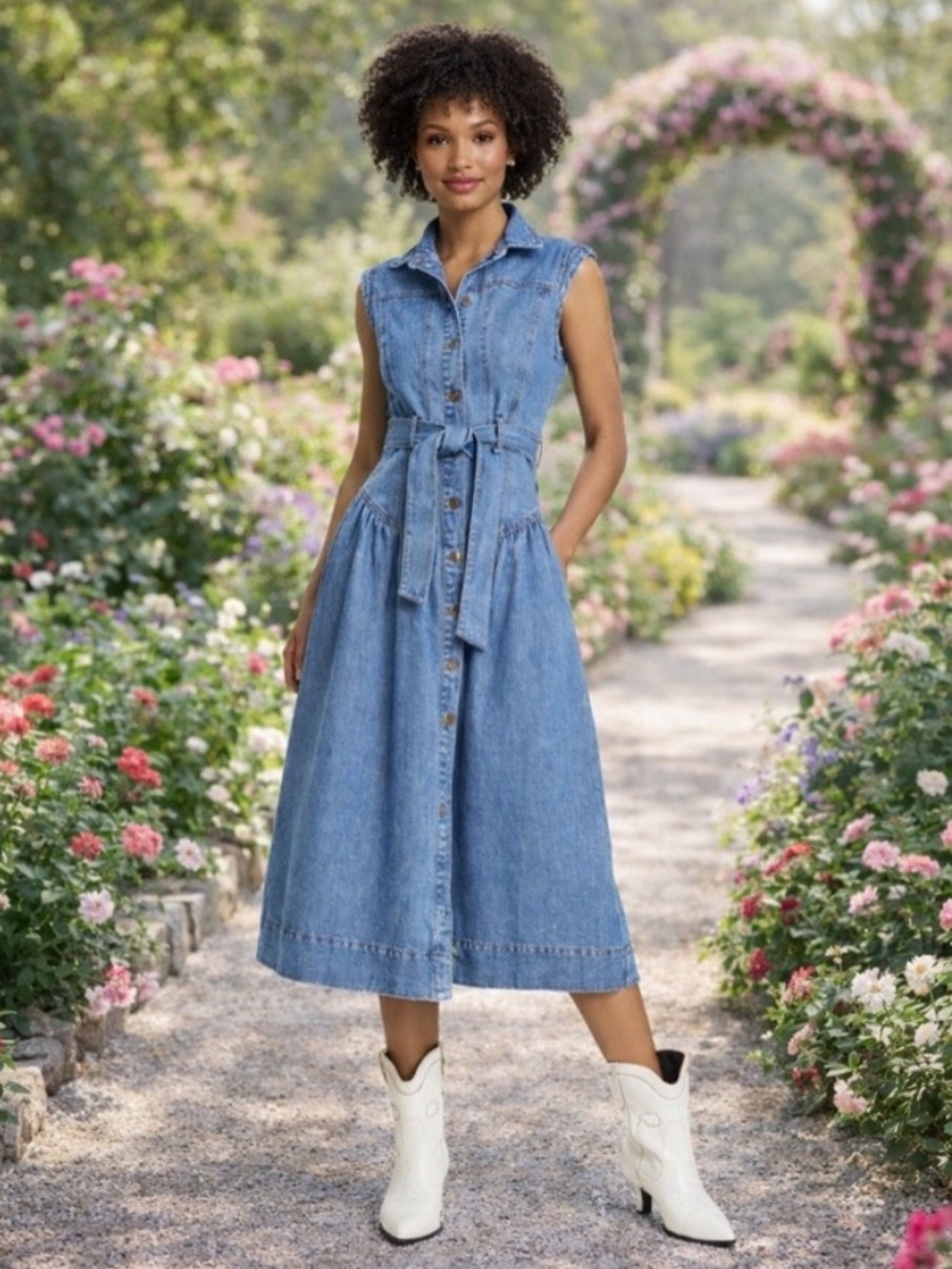 Universal Thread Blue Sleeveless Tie-Waist Denim Midi Dress - Picture 2 of 13